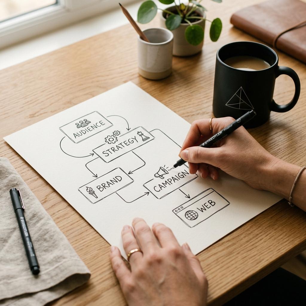 Hand sketching strategy flowchart next to Samosa mug